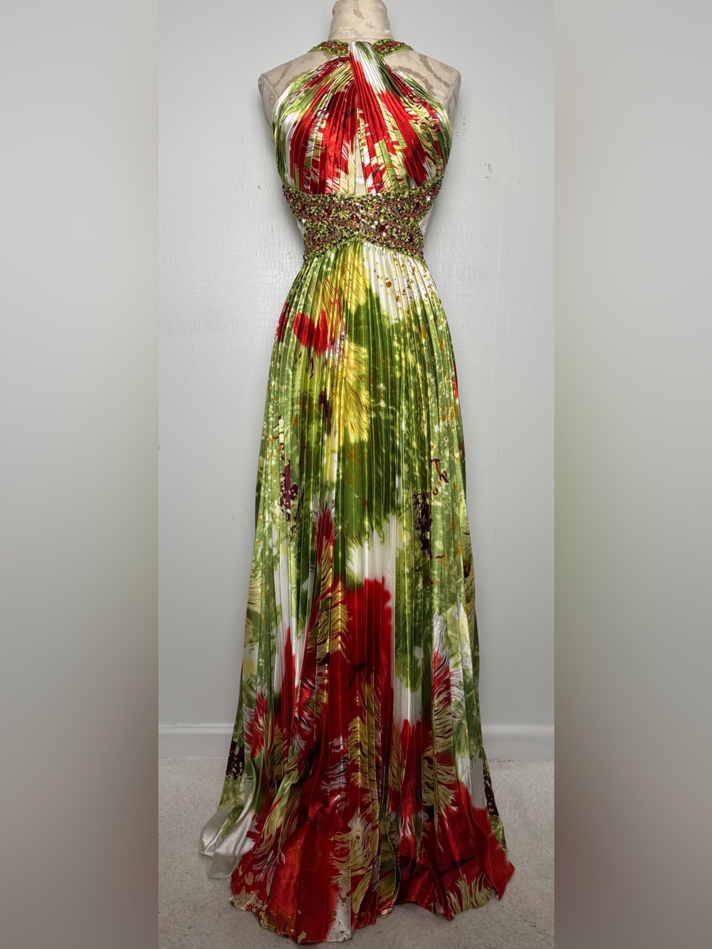 NWT Beaded Sequin Halter Open Back Pleated Evening Gown Floral S/M